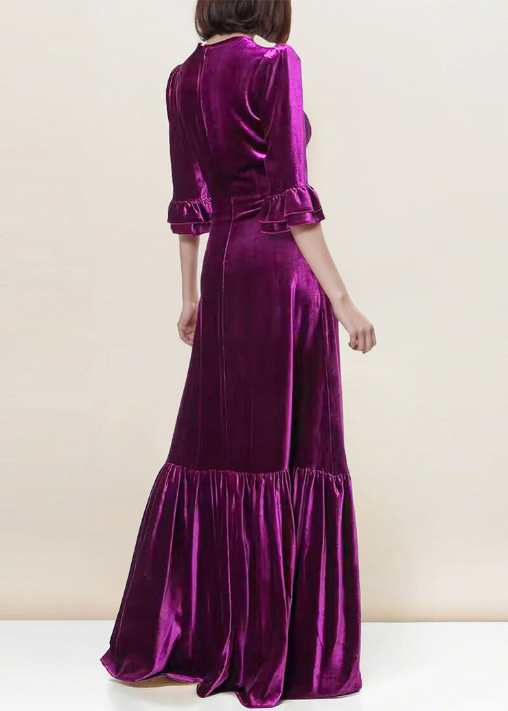 Italian Purple Zippered Wrinkled Velour Long Dress Butterfly Sleeve