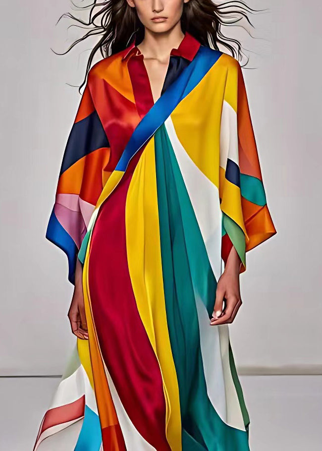 Italian Rainbow Asymmetrical Print Silk Dress Long Sleeve