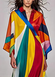 Italian Rainbow Asymmetrical Print Silk Dress Long Sleeve