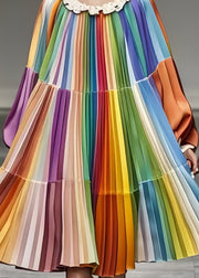 Italian Rainbow Oversized Patchwork Chiffon Pleated Dress Fall