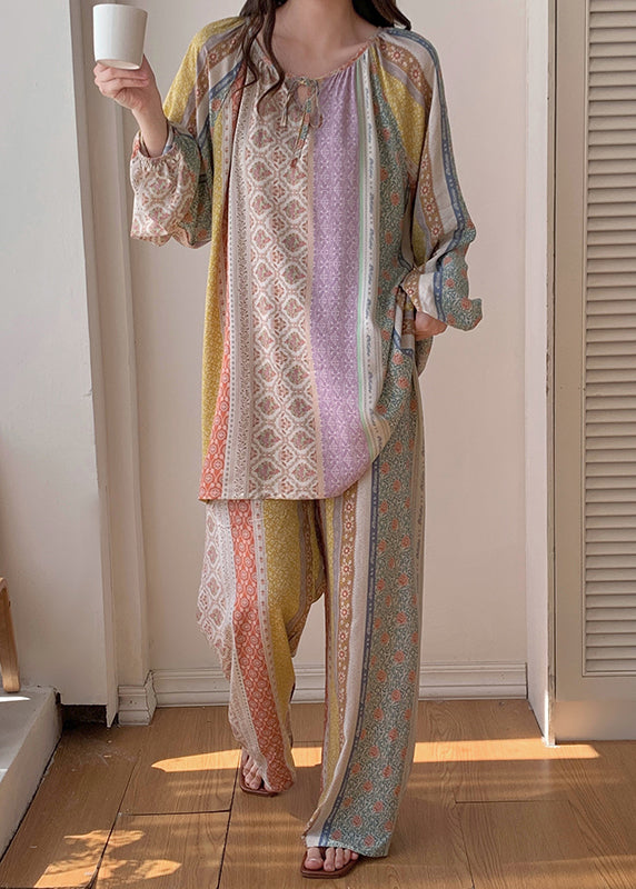 Italian Rainbow Print Lace Tie Silk Velvet Two Pieces Set Spring
