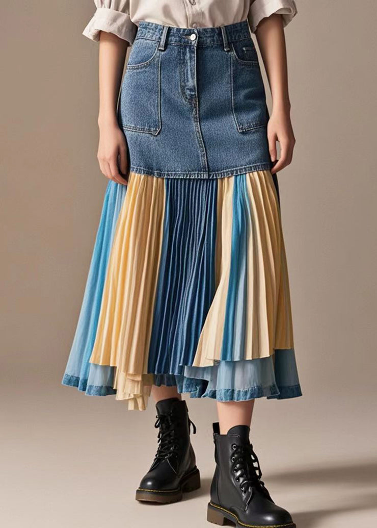 Italian Rainbow Striped Patchwork Denim Pleated Skirt Fall