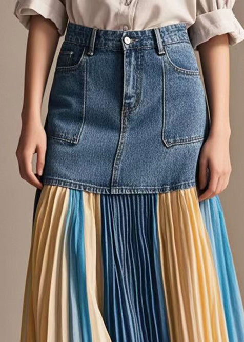 Italian Rainbow Striped Patchwork Denim Pleated Skirt Fall