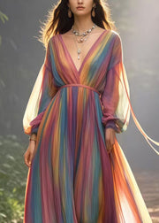 Italian Rainbow V Neck Tie Dye Chiffon Holiday Dresses Spring