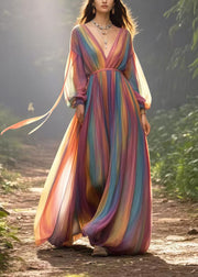 Italian Rainbow V Neck Tie Dye Chiffon Holiday Dresses Spring