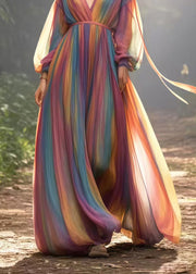 Italian Rainbow V Neck Tie Dye Chiffon Holiday Dresses Spring