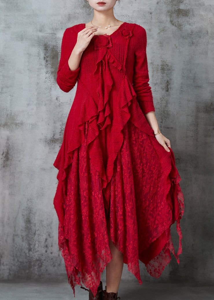Italian Red Asymmetrical Patchwork Knit Long Dresses Spring