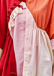 Italian Red Asymmetrical Patchwork Wrinkled Linen Shirt Dress Summer