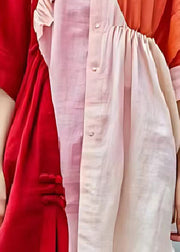 Italian Red Asymmetrical Patchwork Wrinkled Linen Shirt Dress Summer