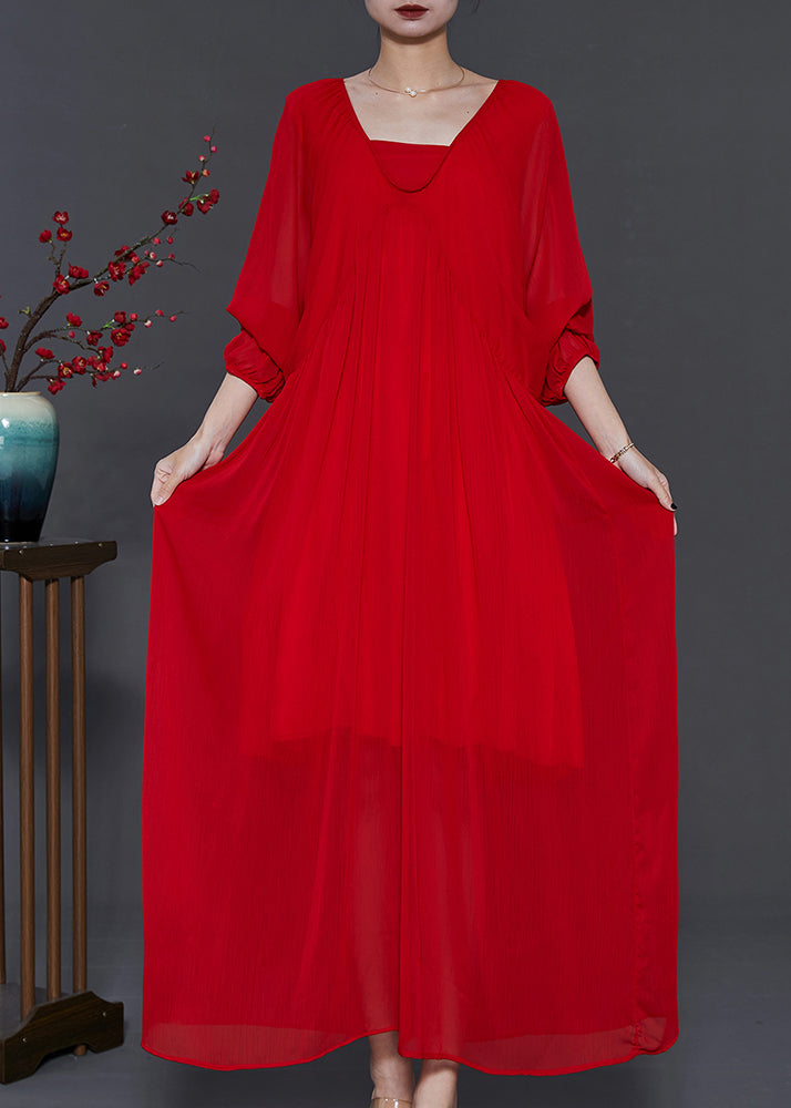 Italian Red Backless Chiffon Vestidos Long Dress Batwing Sleeve
