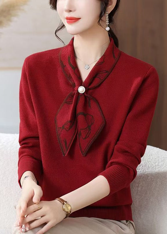 Italian Red Bow Thick Knitted Sweaters Tops Spring