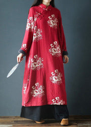 Italian Red Button Print Patchwork Fleece Long Dress Spring