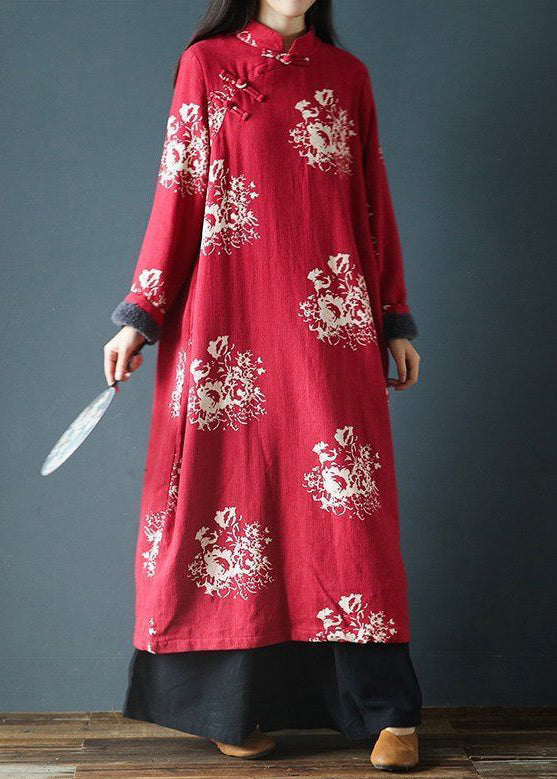 Italian Red Button Print Patchwork Fleece Long Dress Spring