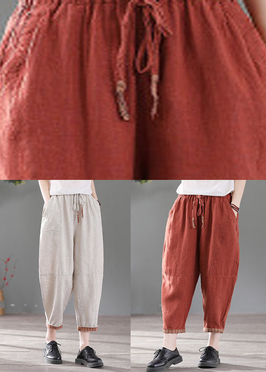 Italian Red Elastic Waist Pockets Patchwork Linen Crop Pants Fall