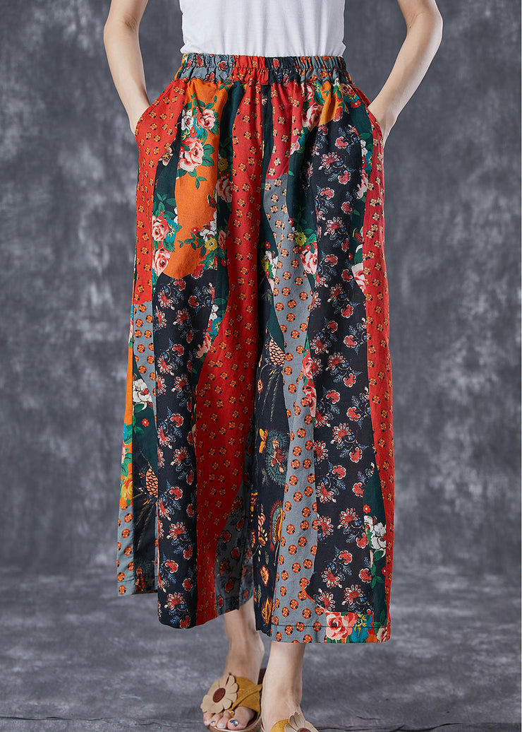 Italian Red Elastic Waist Print Linen Wide Leg Pants Summer