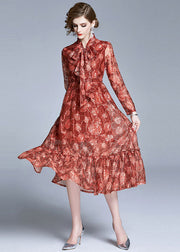 Italian Red Embroideried Bow Ruffled Patchwork Chiffon Dresses Long Sleeve