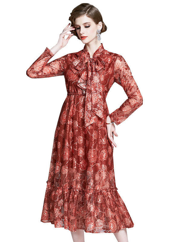 Italian Red Embroidered Bow Ruffled Patchwork Chiffon Dresses Long Sleeve