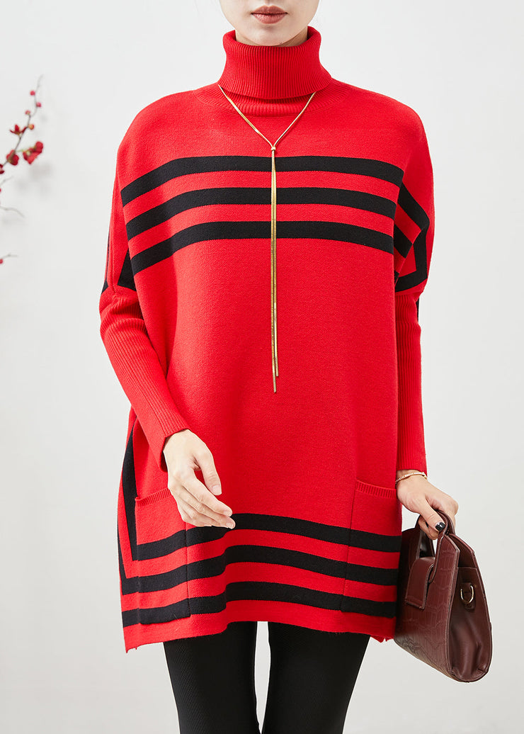 Italian Red High Neck Oversized Striped Knit Sweater Tops Fall