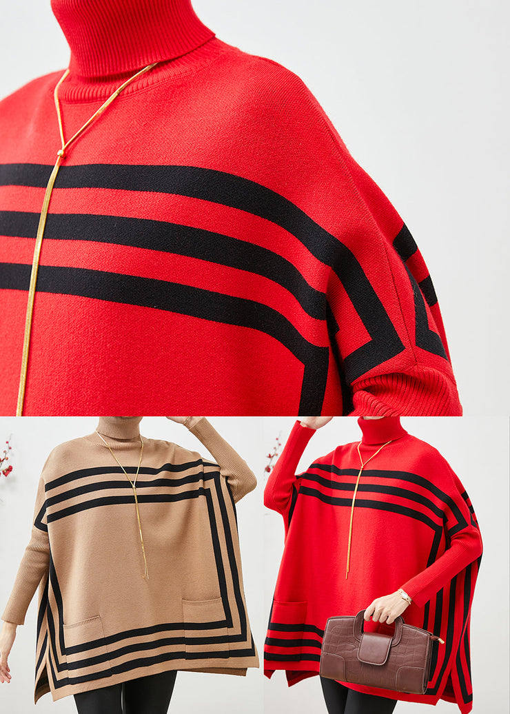 Italian Red High Neck Oversized Striped Knit Sweater Tops Fall