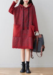 Italian Red Hooded Patchwork Denim Mid Dress Spring