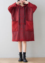 Italian Red Hooded Patchwork Denim Mid Dress Spring