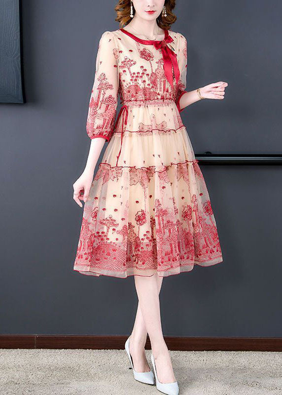 Italian Red O-Neck Embroideried Tulle Cinched Dress Half Sleeve