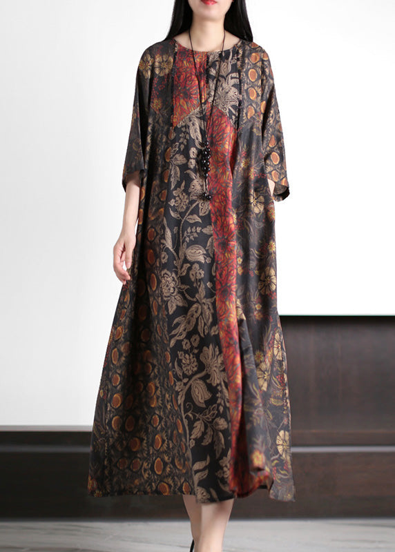 Italian Red O-Neck Print Patchwork Silk Long Dress Half Sleeve