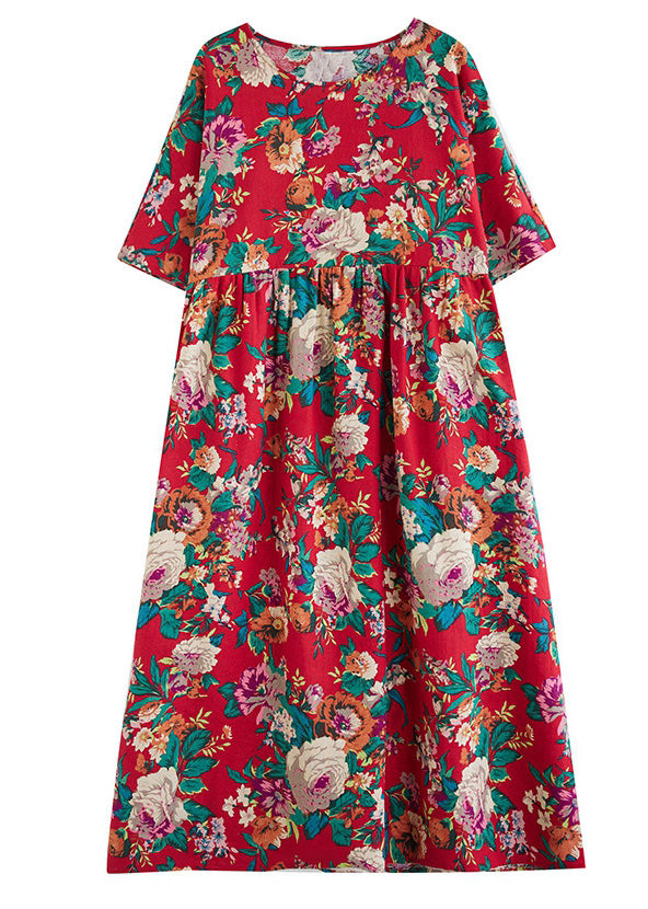 Italian Red Patchwork Print Cotton Maxi Dress Short Sleeve