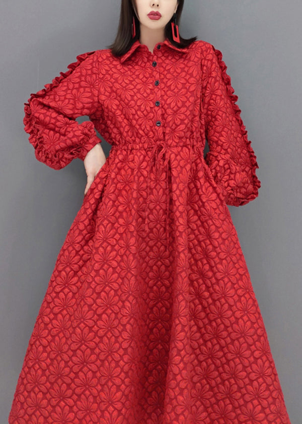 Italian Red Peter Pan Collar Patchwork Cotton Shirts Dress Fall