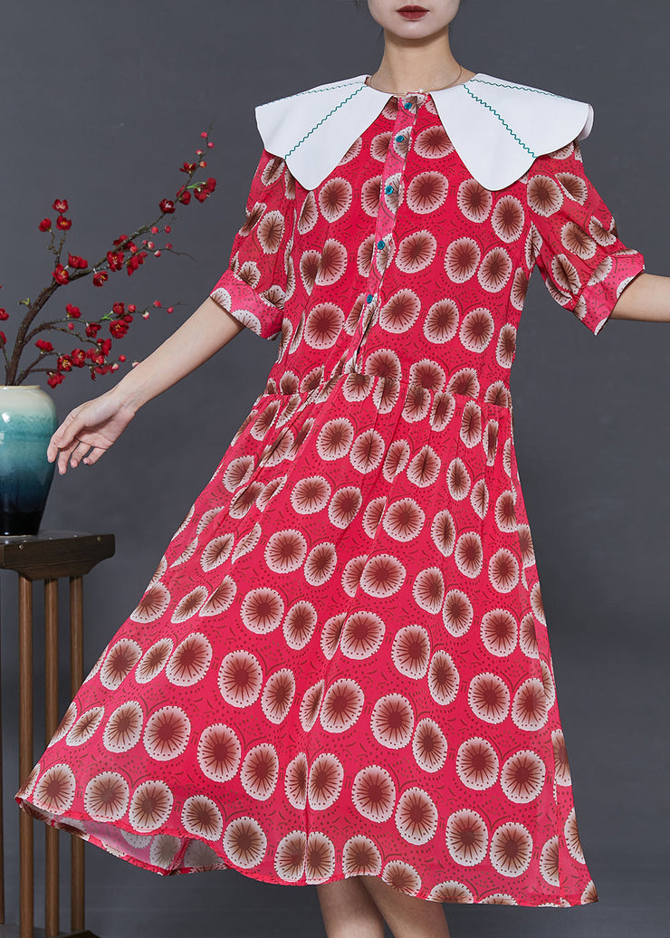 Italian Red Peter Pan Collar Print Chiffon Dress Summer