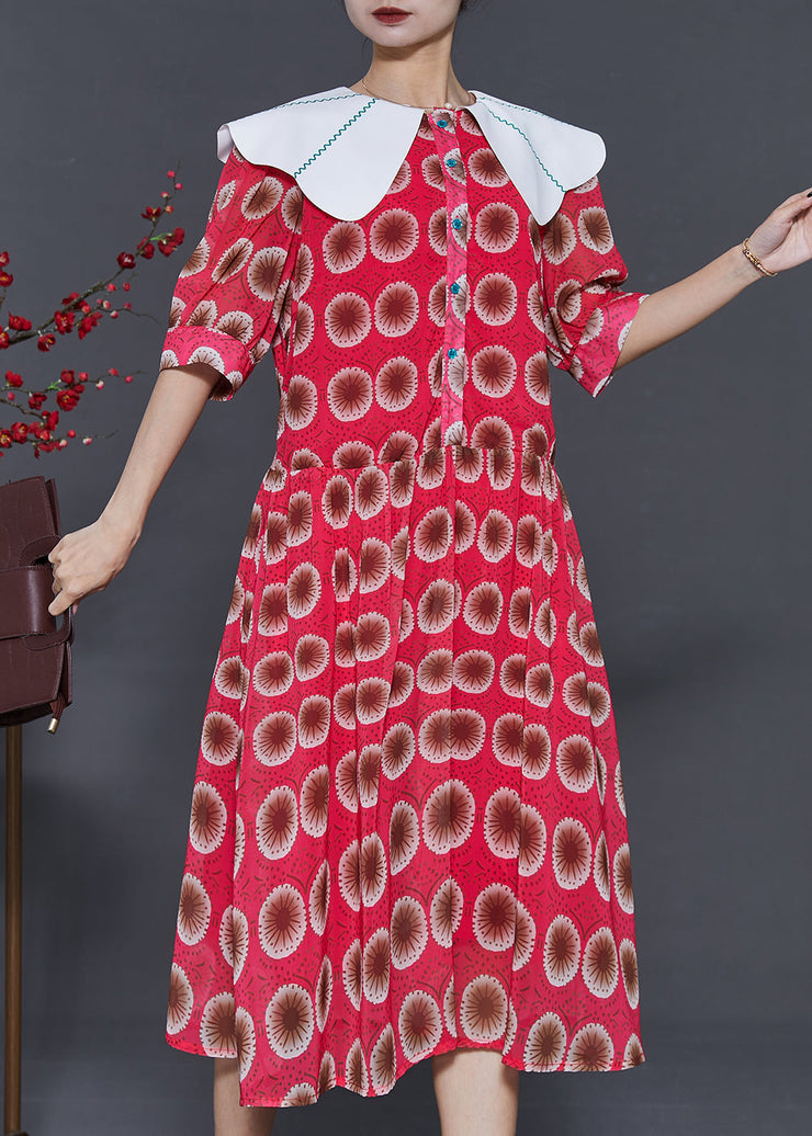 Italian Red Peter Pan Collar Print Chiffon Dress Summer