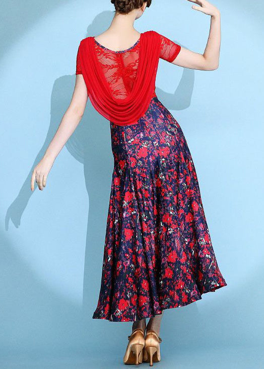 Italian Red Print Lace Patchwork Long Dresses Summer