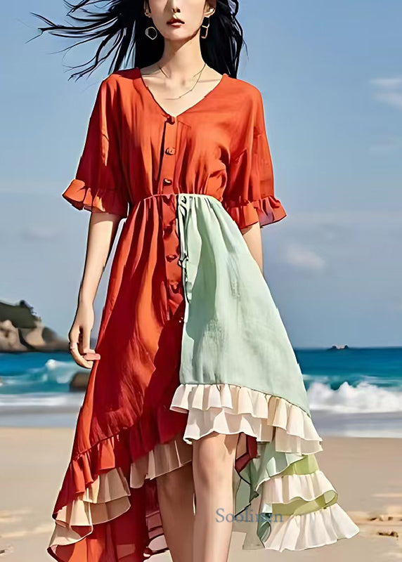 Italian Red Ruffled Patchwork Cotton Party Dress Summer