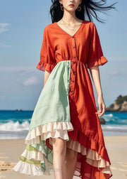 Italian Red Ruffled Patchwork Cotton Party Dress Summer