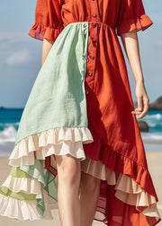 Italian Red Ruffled Patchwork Cotton Party Dress Summer