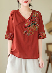 Italian Red Solid Side Open Cotton Top Half Sleeve