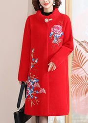 Italian Red Stand Collar Button Maxi Mink Velvet Wool Coats Spring