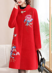 Italian Red Stand Collar Button Maxi Mink Velvet Wool Coats Spring