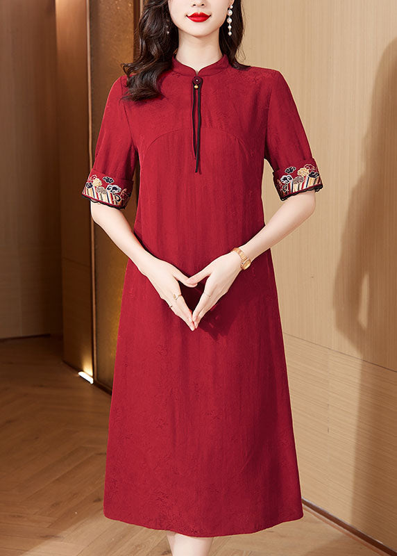 Italian Red Stand Collar Embroidered Maxi Dresses Short Sleeve