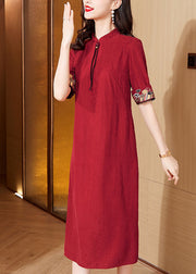 Italian Red Stand Collar Embroidered Maxi Dresses Short Sleeve