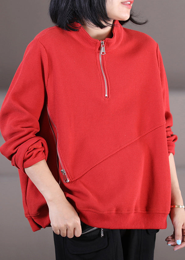 Italian Red Stand Collar Zippered Patchwork Sweatshirt Fall