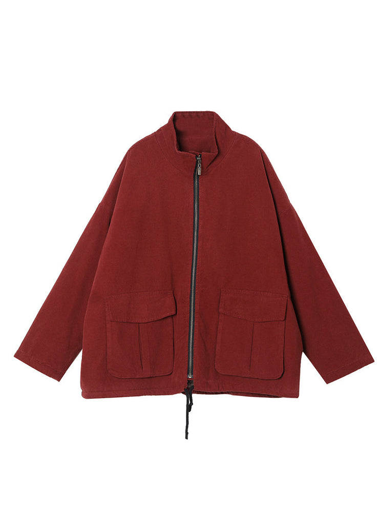 Italian Red Stand Collar Zippered Pockets Coats Winter