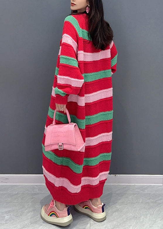 Italian Red Striped O Neck Patchwork Cotton Knit Dresses Fall