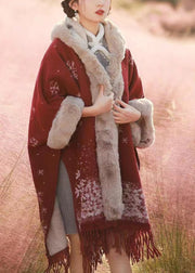 Italian Red Tassel Print Fur Collar Warm Fleece Cape Spring