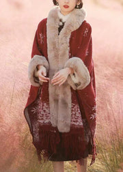 Italian Red Tassel Print Fur Collar Warm Fleece Cape Spring