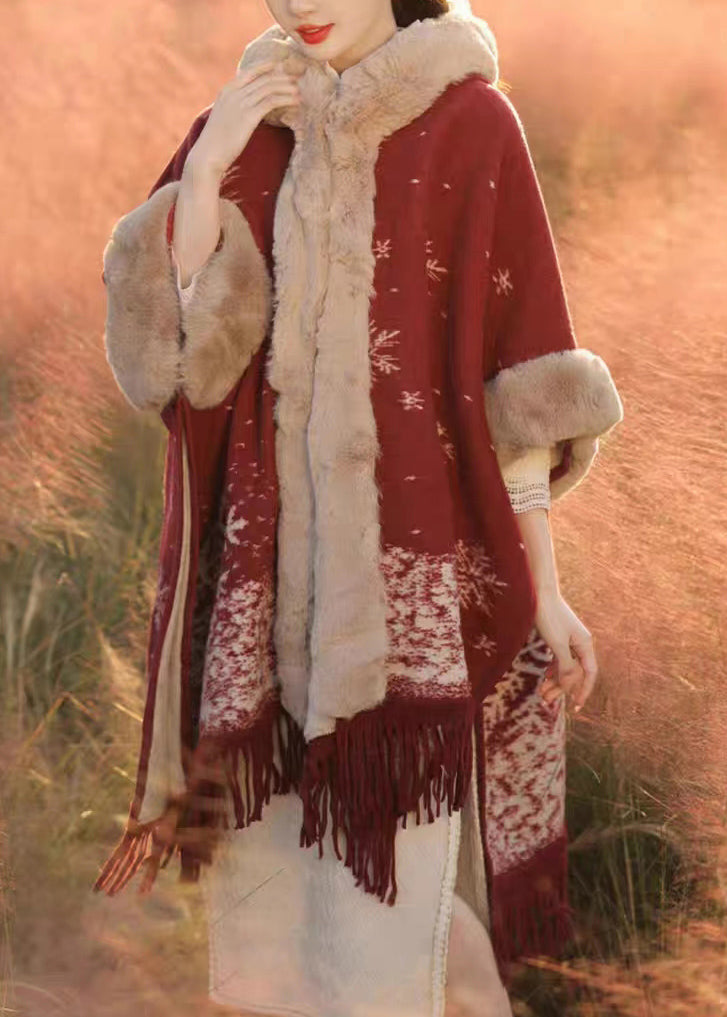 Italian Red Tassel Print Fur Collar Warm Fleece Cape Spring