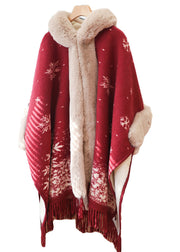 Italian Red Tassel Print Fur Collar Warm Fleece Cape Winter