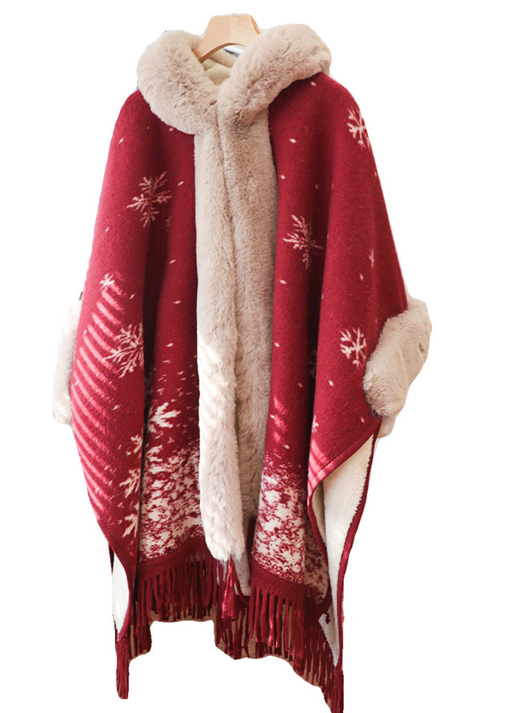 Italian Red Tassel Print Fur Collar Warm Fleece Cape Winter