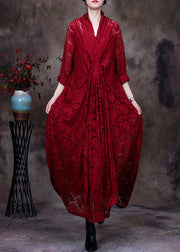 Italian Red V Neck Asymmetrical Patchwork Lace Maxi Dresses Long Sleeve