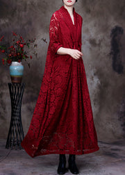 Italian Red V Neck Asymmetrical Patchwork Lace Maxi Dresses Long Sleeve